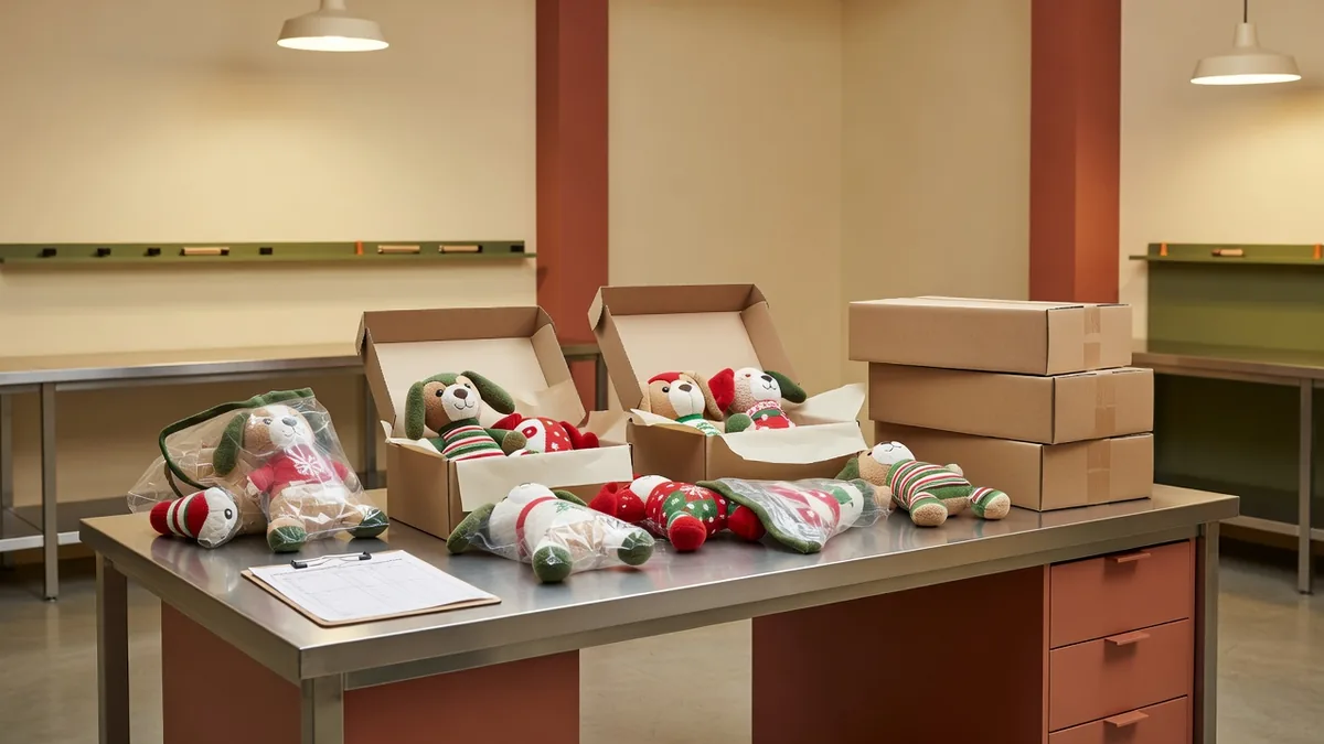 Banc QC et conditionnement usine pour jouets pour chiens de fêtes en gros : cartons cadeaux, checklist AQL et assortiment saisonnier