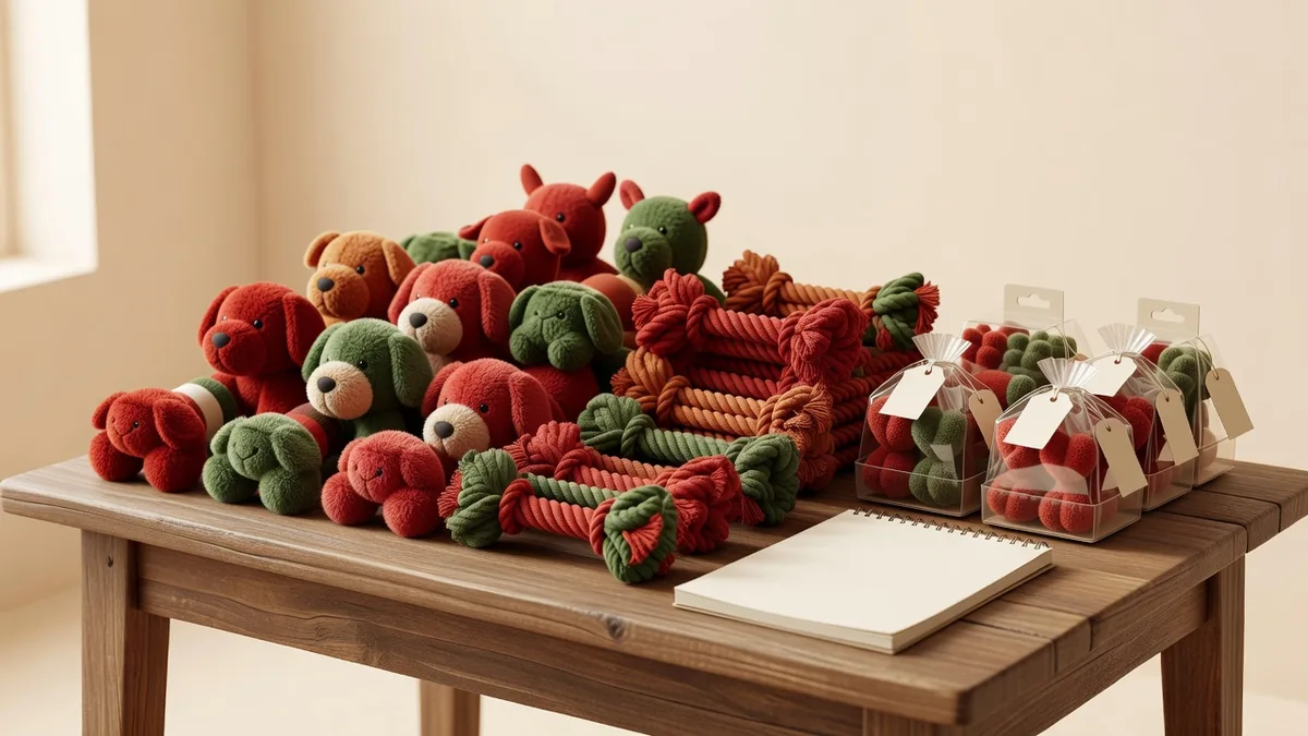 Assortiment saisonnier de jouets pour chiens de fêtes sur un bureau d’échantillonnage : peluches festives, corde et SKU prêts à offrir