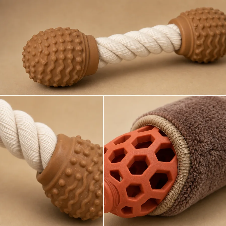 Gros plan de jouets pour animaux en matériaux hybrides : corde coton avec embouts en caoutchouc TPR, et jouet à mâcher en caoutchouc naturel avec couche extérieure en polaire polyester — points de liaison des matériaux visibles
