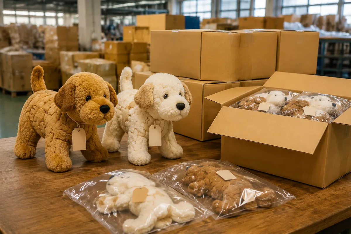 Peluches puzzle pour chiens en marque blanche avec hangtags et polybags préparées pour le conditionnement carton export sur une table d’usine