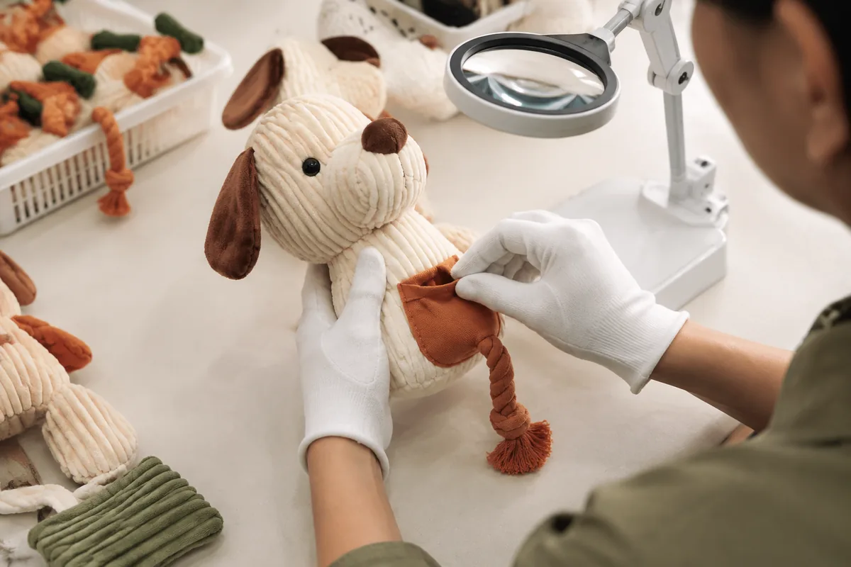Inspection QC des coutures et des ouvertures de poche à friandises d’une peluche puzzle interactive pour chien sur une table d’inspection crème en usine