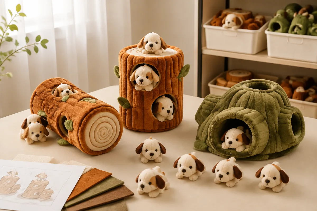 Peluches puzzle interactives pour chiens avec pochettes cache-cache et pièces amovibles disposées sur un bureau d’échantillonnage crème chaud pour revue marque blanche
