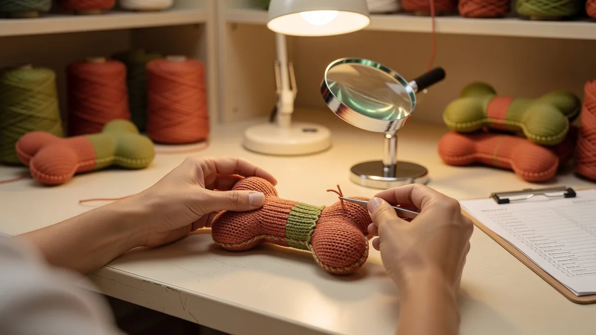 Contrôle qualité des jonctions de couture et des extrémités de fil verrouillées d’un jouet tricoté pour chien, sur un établi d’usine