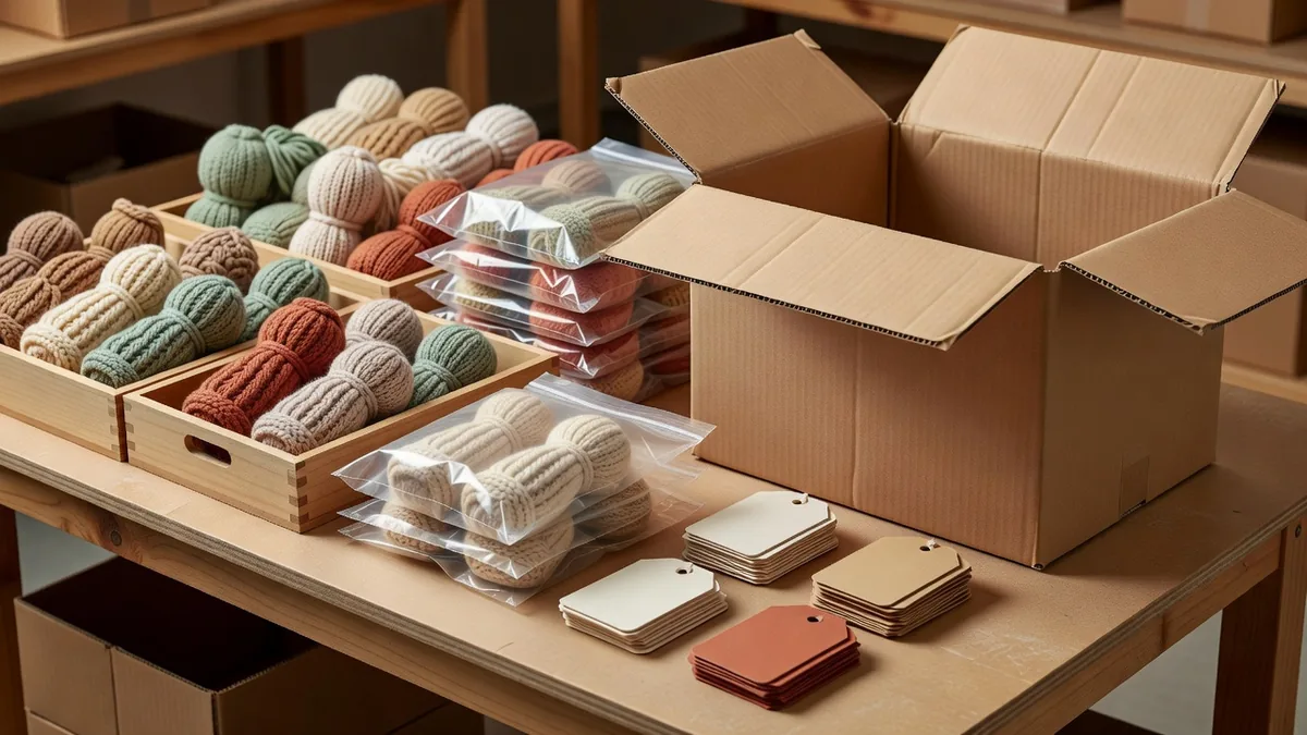 Conditionnement en gros de jouets tricotés pour chiens : coloris, hangtags et cartons maîtres sur une table d’usine