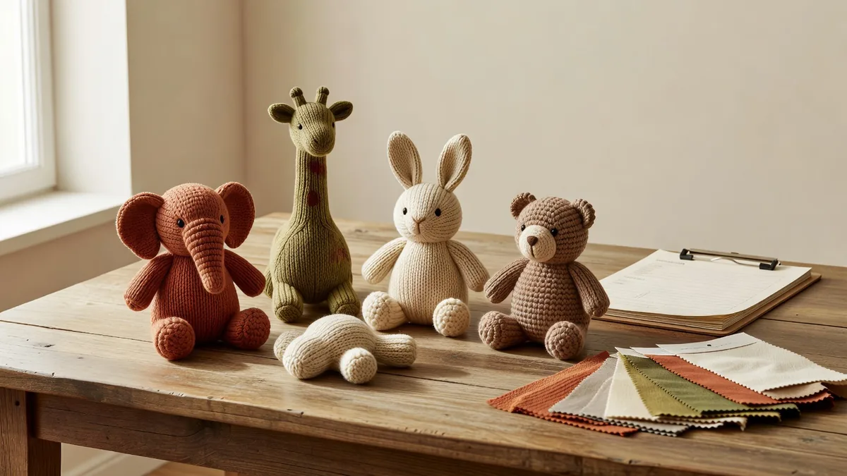 Set de jouets pour chiens en tricot, style animal, avec couineur, disposé sur un bureau d’échantillonnage crème chaud pour revue wholesale