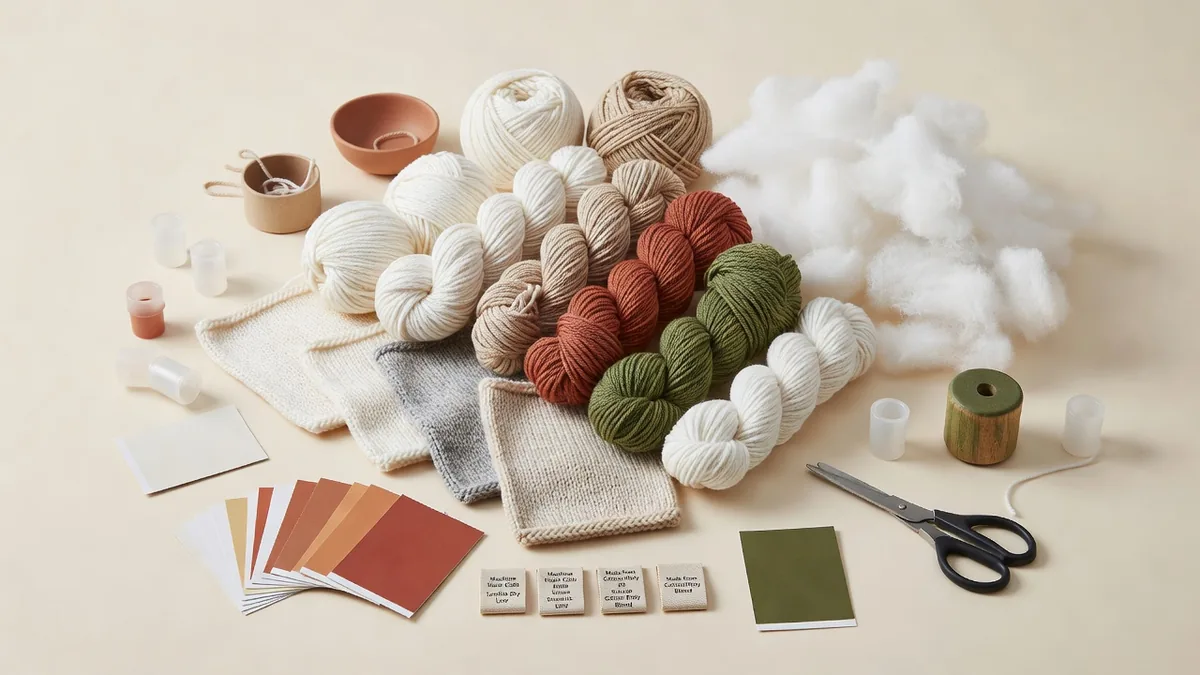 Écheveaux de fil, échantillons de maille, fibre de rembourrage, couineurs à anche en plastique et nuanciers pour la production de jouets pour chiens en tricot avec couineur