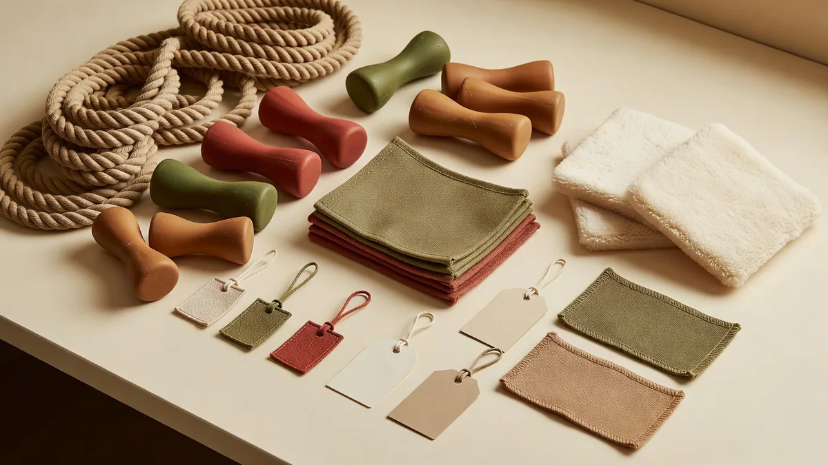 Échantillons de tissu, corde coton épaisse, pièces de caoutchouc dense et TPR, fibre de rembourrage, panneaux d’usure en toile et étiquettes tissées pour les RFQ de jouets pour grands chiens en gros