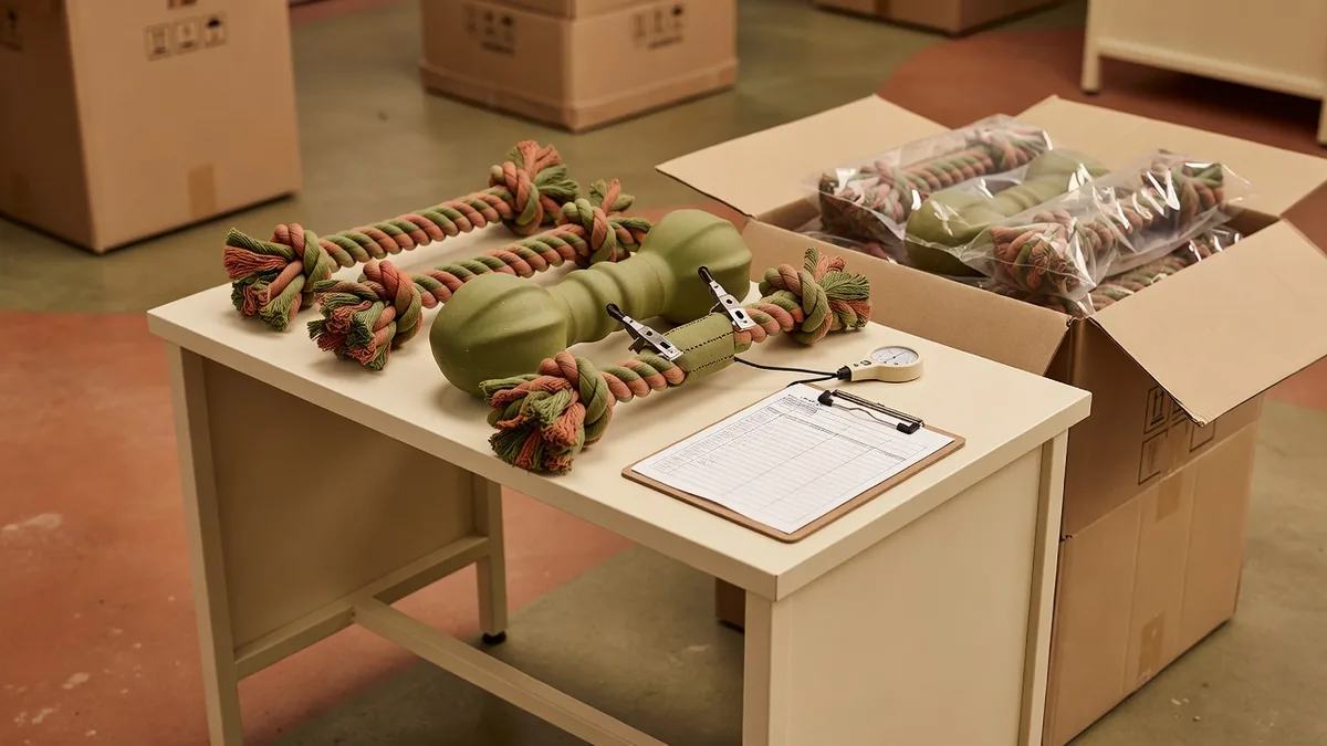 Banc QC avec jouets chien caoutchouc et corde surdimensionnés, contrôles de traction des coutures, cartons ouverts et inspection de pack-out pour jouets grands chiens en gros
