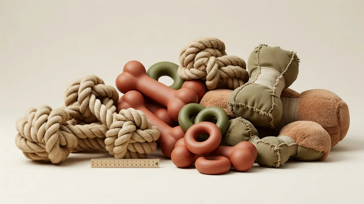 Assortiment de jouets corde, caoutchouc et peluche renforcée pour grandes races, disposés avec un mètre pour le banding de tailles en gros