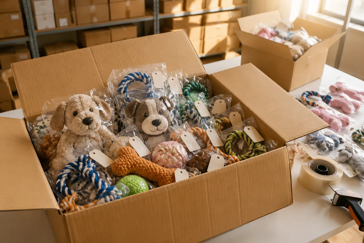 Master carton ouvert avec jouets chien en peluche mixtes et cordes à mâcher en polybags, préparés pour un packing export à faible MOQ