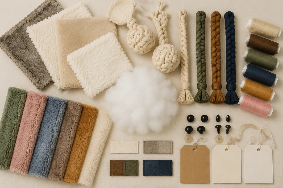Échantillons de tissu peluche, de fibre de rembourrage, de tresse de corde coton, de fil à broder et de hangtags disposés pour une RFQ fabricant de jouets pour animaux en double catalogue
