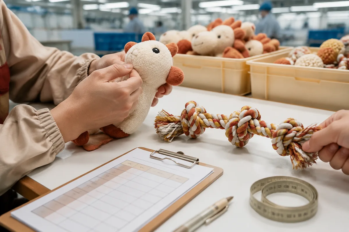 Inspection QC de la couture peluche et test de traction d’un tug corde multi-nœuds sur une table d’usine, avec outils de mesure