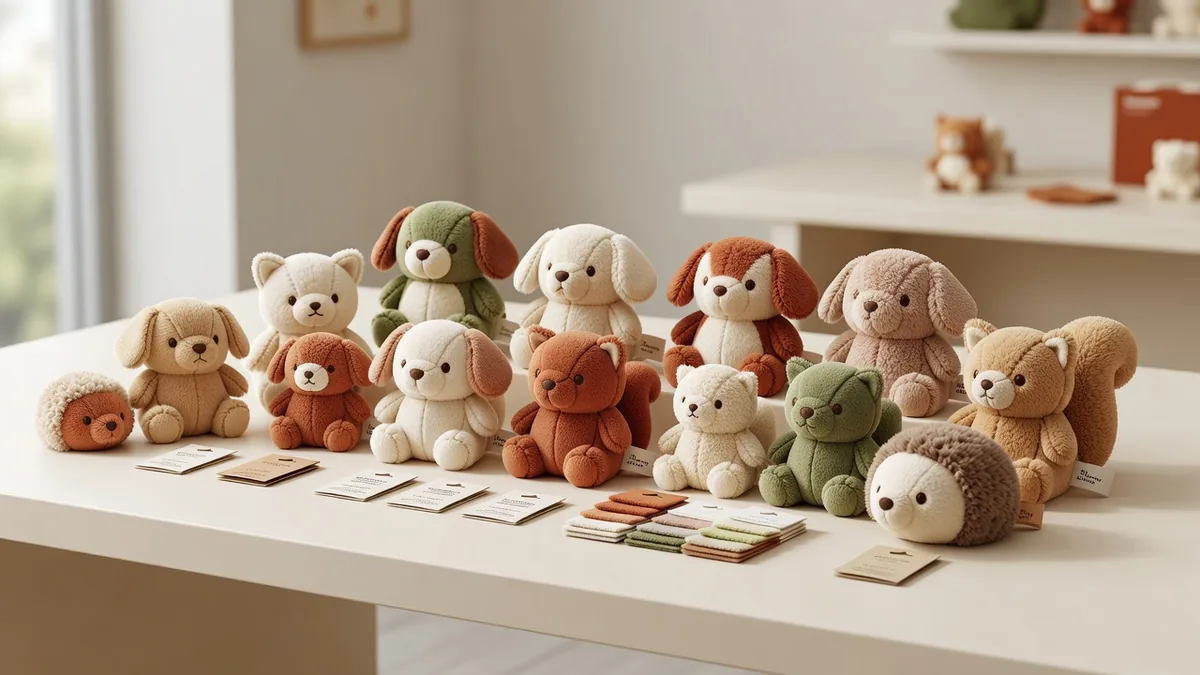 Assortiment de mini peluches chiens sur un bureau d’échantillonnage crème chaud, avec étiquettes tissées et hangtags pour acheteurs grossistes en volume