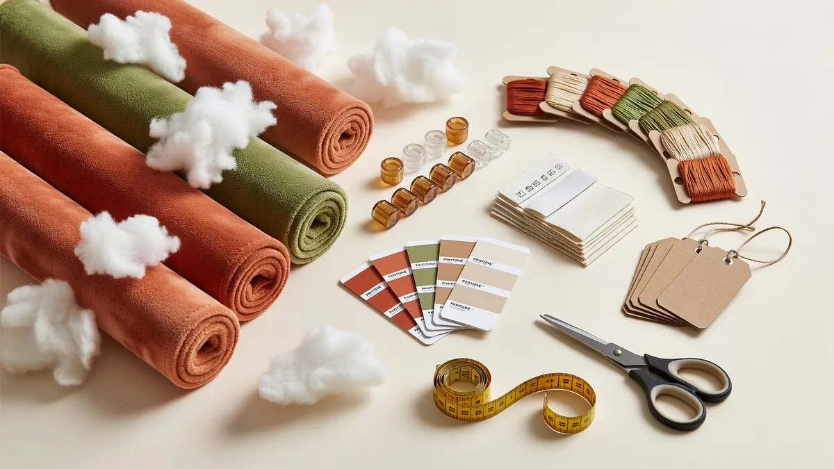 Flatlay matières mini peluches chiens en volume : tissu à poil court, fibre de rembourrage, couineurs, étiquettes tissées, hangtags et nuanciers