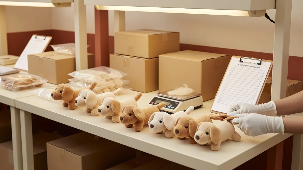 Poste QC contrôlant les coutures, le poids de rembourrage et le conditionnement volume d’une mini peluche chien avant cartons d’export