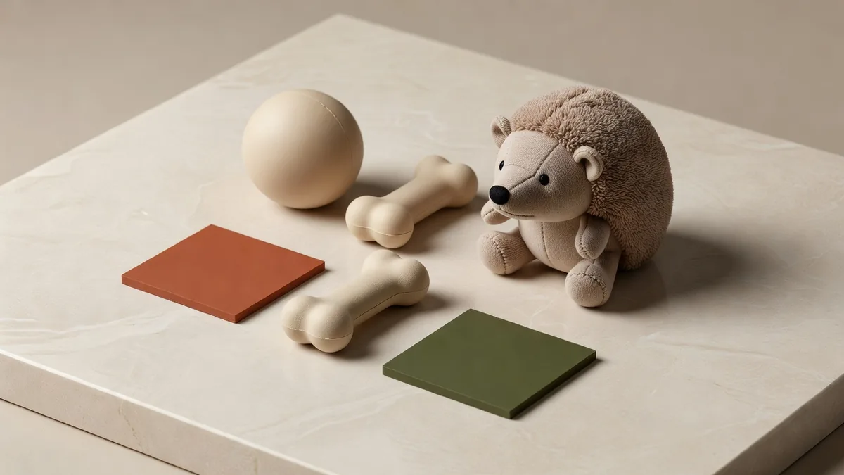 Balles en TPR et un hérisson coton et nature rubber sur un bureau d’échantillonnage pour un brief matière OEM
