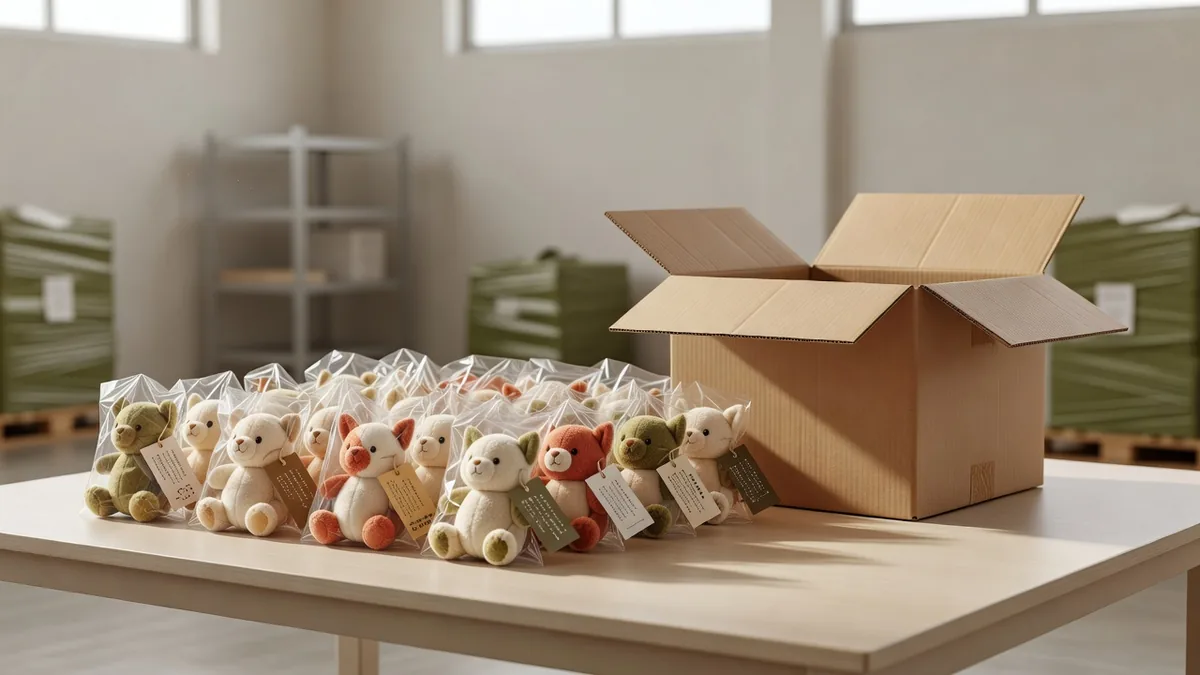 Peluches pour animaux en polybag avec hangtags, à côté d’un master carton ouvert pour le packing export chez un fournisseur