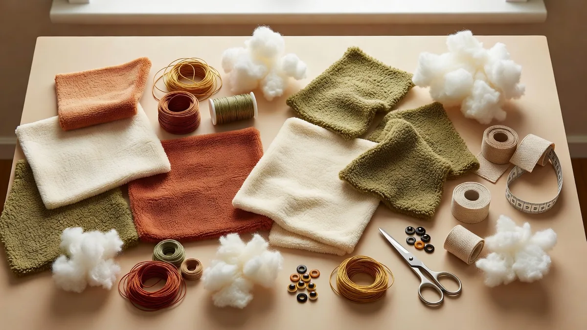 Plan à plat des matières d’un fournisseur de peluches pour animaux : tissu à poil court, sherpa, fibre de garnissage, fil de broderie, yeux à verrouillage et étiquettes tissées sur un bureau d’échantillonnage chaleureux