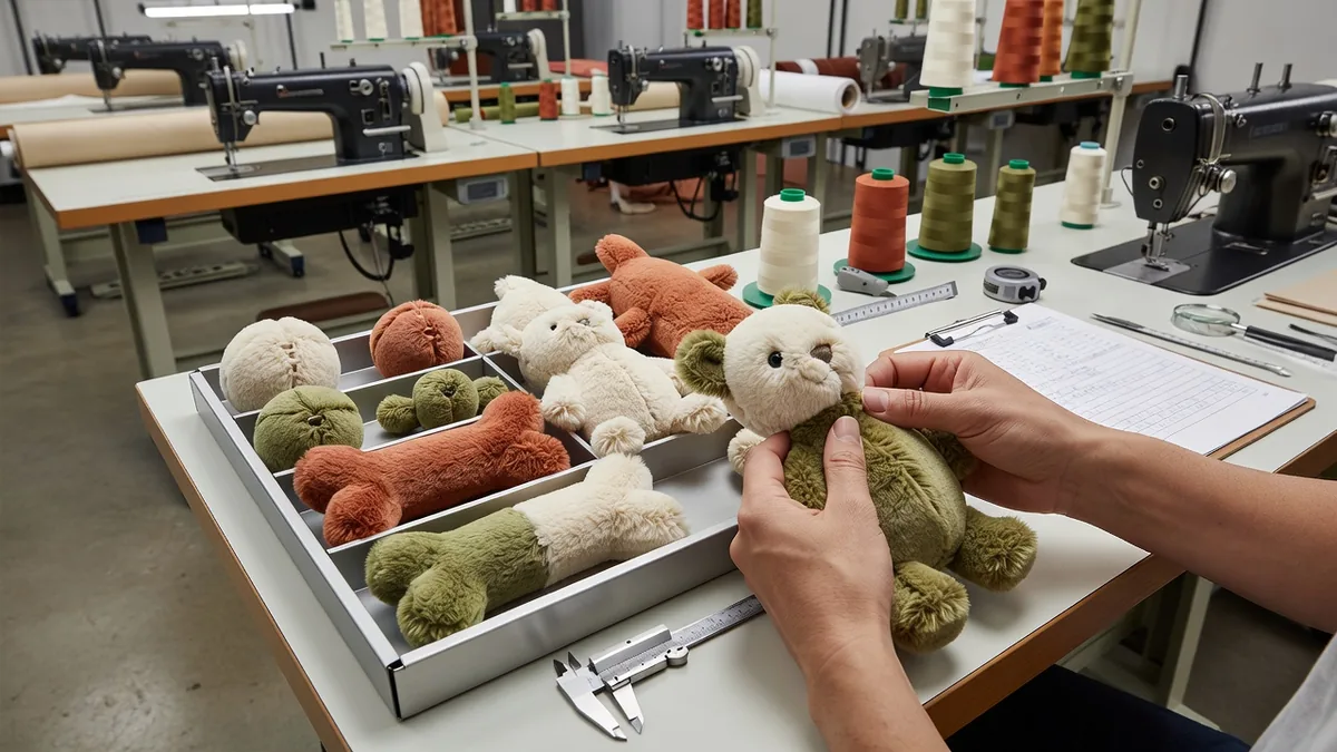 Inspecteur qualité vérifiant la résistance des coutures d’une peluche pour animal dans un atelier de confection fournisseur, avec plateau d’inspection AQL