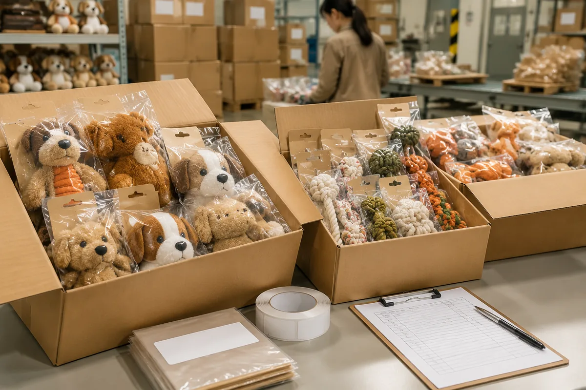 Pack-out en carton export de jouets pour animaux private label de marque, avec polybags imprimés et étiquettes code-barres pour expédition wholesale
