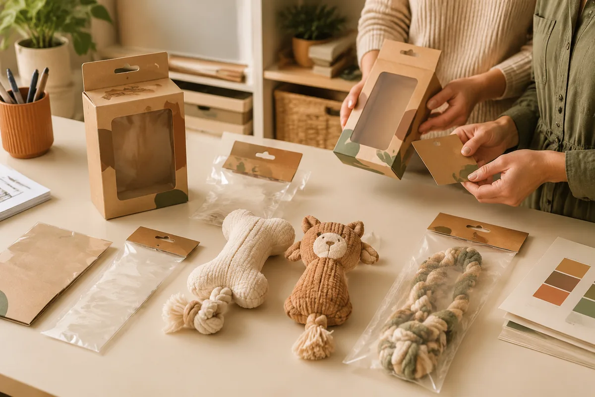 Maquettes d'emballage de jouets pour animaux en marque blanche, avec hangtags et cartons de marque, sur un bureau d'échantillonnage crème chaud pour acheteurs B2B
