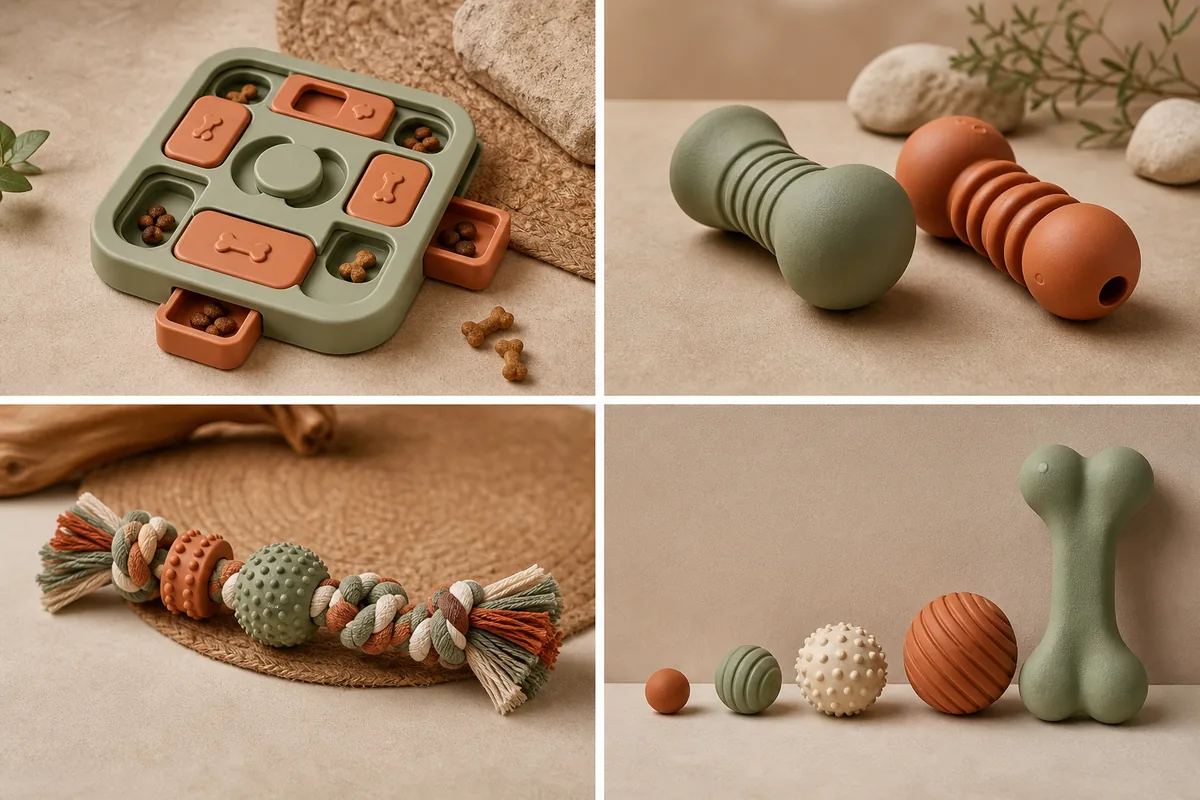 Quatre tendances design de jouets pour animaux : puzzles d’enrichissement, mâchouilles minimalistes aux tons terre, jouets de traction multi-textures et designs inclusifs, du tout-petit au géant