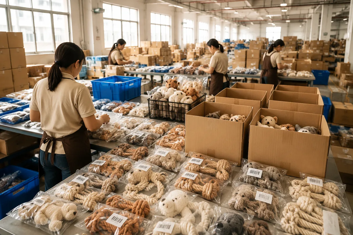 Atelier d'emballage export de jouets pour animaux e-commerce, avec sachets poly, codes-barres et cartons prêts FBA