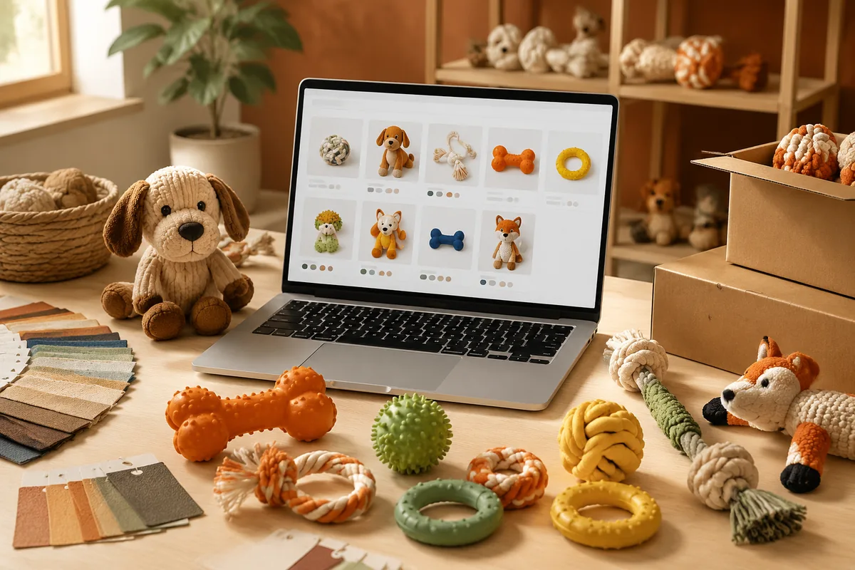 Bureau d'échantillonnage de jouets pour animaux d'une marque e-commerce, avec SKU du catalogue, mise en place photo de fiche et échantillons de cartons FBA