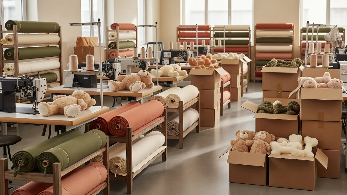Atelier d’usine de jouets pour animaux avec lignes de couture, racks de matières et cartons d’export