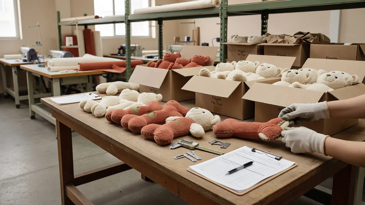 Poste de contrôle qualité et de conditionnement vérifiant les coutures de peluches avant les cartons d’export dans une usine de jouets pour animaux
