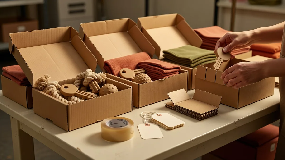 Cartons ouverts de jouets pour chiens mixtes comptés sur une table de premier conditionnement wholesale