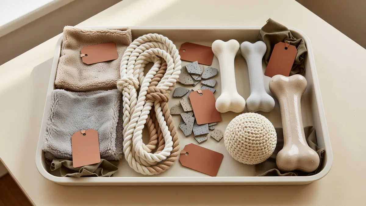 Échantillons de polaire, corde coton, chips TPR et os nylon disposés pour une comparaison de MOQ jouets pour animaux