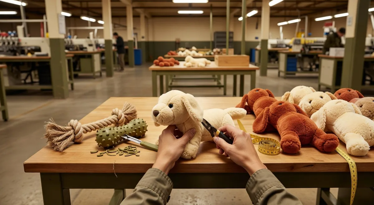Poste de QC en ligne contrôlant les coutures peluche, les jonctions de corde et les bavures moulées pour le contrôle qualité des jouets pour animaux en Chine