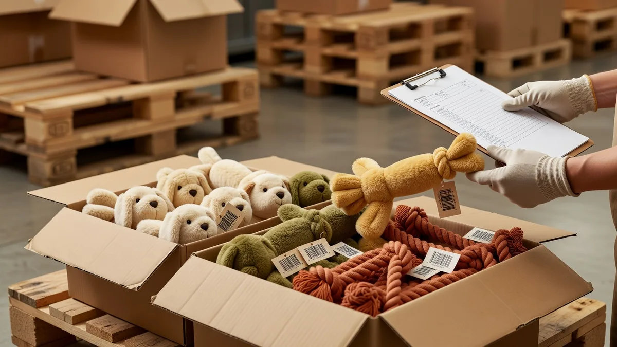 Contrôle des cartons avant expédition comparant les jouets pour animaux de série à l’échantillon de référence pour les programmes de contrôle qualité en Chine