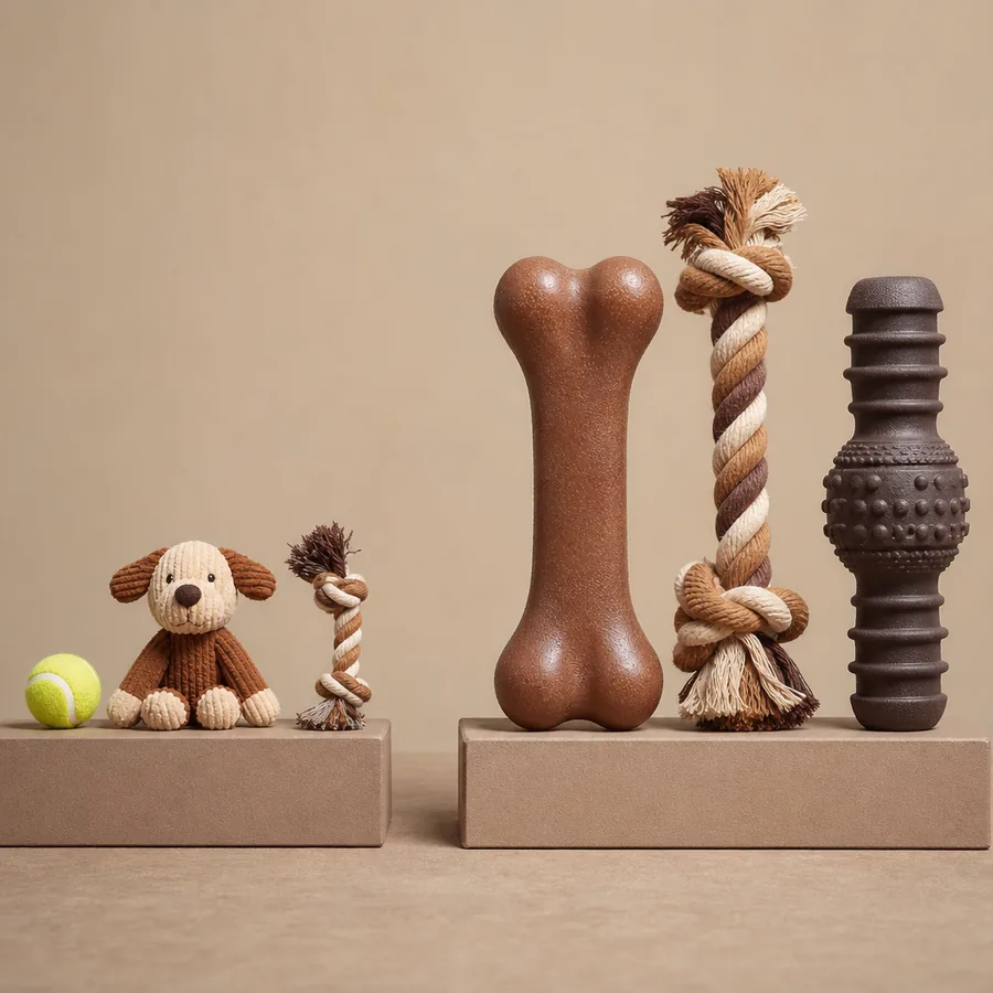 Comparaison de tailles spectaculaire : jouets minuscules de 35 mm pour petites races contre jouets lourds et renforcés pour races géantes