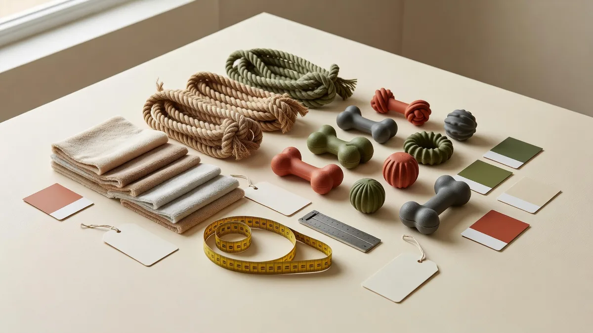 Flatlay matières et QC pour le grossiste jouets pour animaux Chine : tissu peluche, corde, échantillons TPR, hangtags et nuanciers