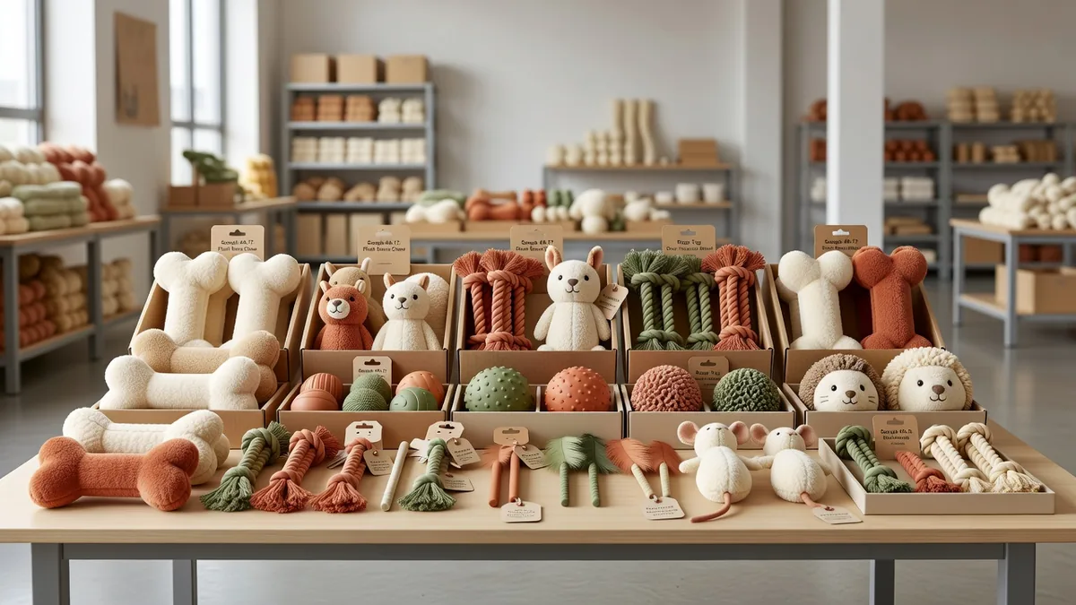 Jouets pour animaux assortis sur un bureau d’échantillonnage B2B, pour des distributeurs en gros qui évaluent des SKU peluche, corde et caoutchouc