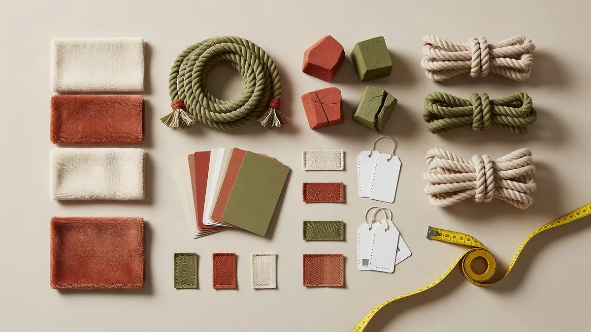 Flatlay matières pour les RFQ des distributeurs en gros de jouets pour animaux : tissu peluche, corde, échantillons TPR, hangtags, nuanciers