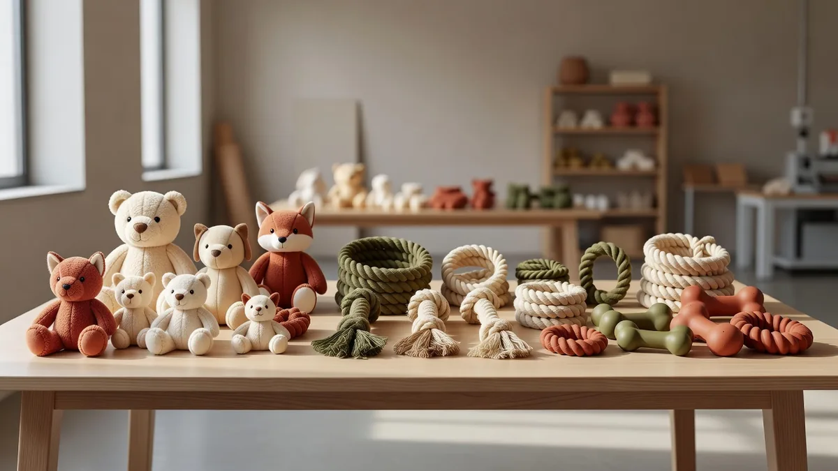 Table d’échantillonnage avec peluches, cordes et jouets en caoutchouc pour animaux, disposés pour une revue d’assortiment B2B