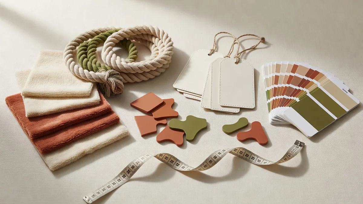 Flatlay matières pour fournisseur de jouets pour animaux : échantillons de tissu peluche, cordes, pièces TPR, hangtags et nuanciers