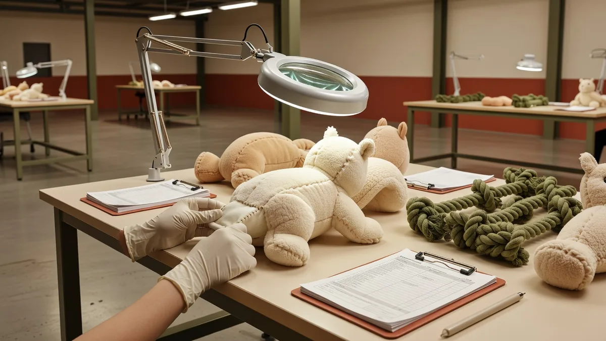 Poste QC usine inspectant les coutures de peluche et les jonctions de corde sur des jouets pour animaux avant expédition