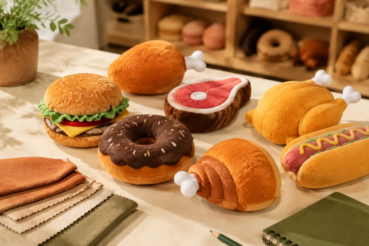 Assortiment de peluches pour chiens en forme d’aliments, dont donut, pilon et burger, sur un bureau d’échantillonnage crème chaud pour acheteurs wholesale