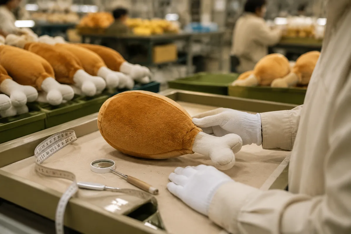 Inspecteur qualité vérifiant la résistance des coutures sur une peluche pour chien en forme de pilon dans un atelier de couture d’usine en Chine