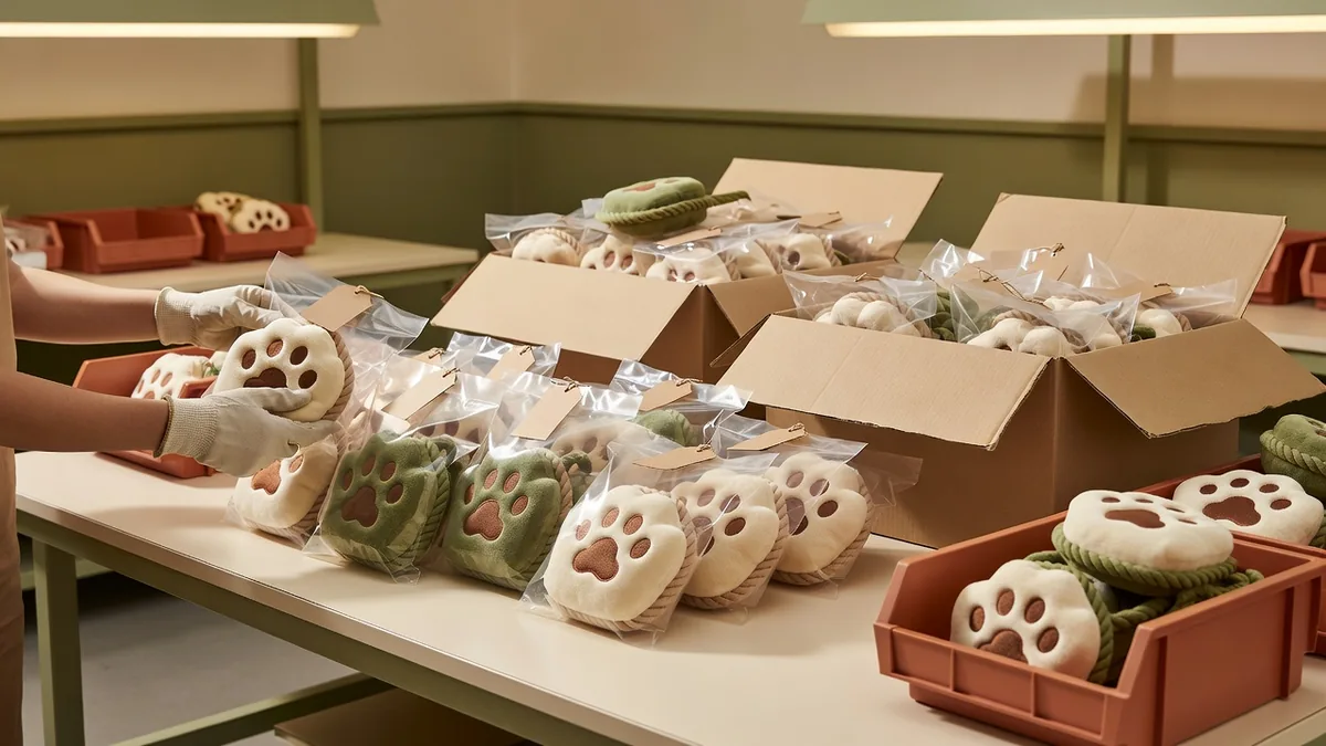 Pack-out export de jouets chien pantoufle patte en peluche et corde en polybags et cartons maîtres