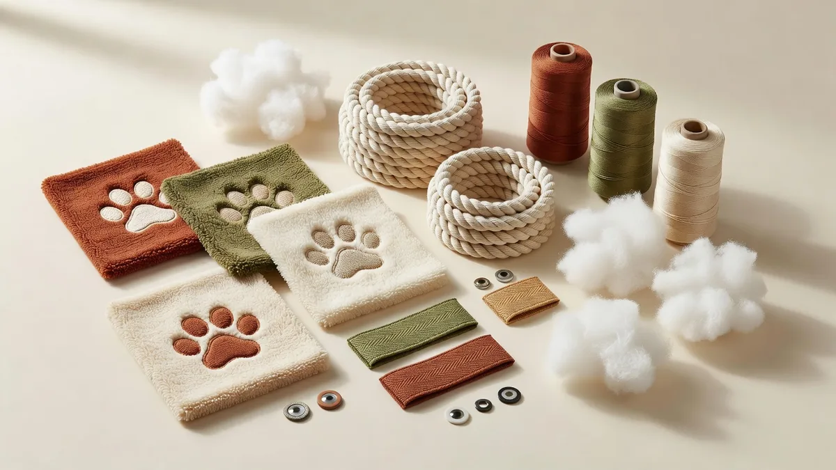 Échantillons de tissus peluche, bobines de corde coton, fibre de rembourrage, étiquettes tissées et échantillons de broderie pour la production de jouets chien pantoufle patte