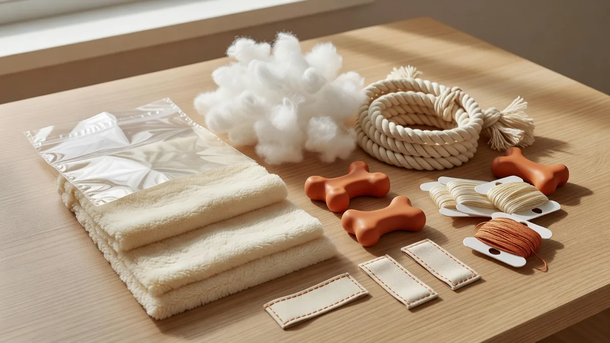 Échantillons de matières, corde, pièces en TPR, étiquettes tissées et conditionnements pour des programmes de jouets pour chiens en marque blanche à faible MOQ