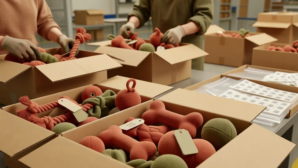 Conditionnement export de jouets pour chiens en marque blanche avec hangtag dans des cartons maîtres pour une expédition à faible MOQ