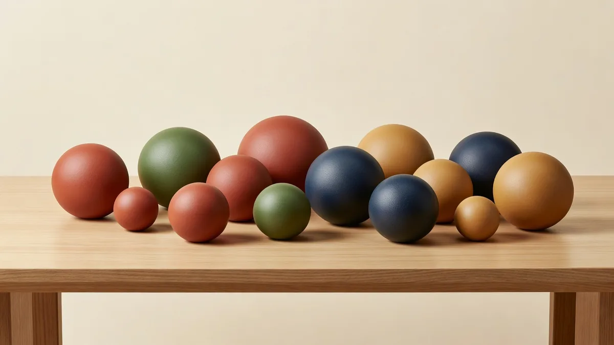 Assortiment de balles en caoutchouc pour chiens sur un bureau d’échantillonnage B2B, pour revue des tailles et des couleurs en gros