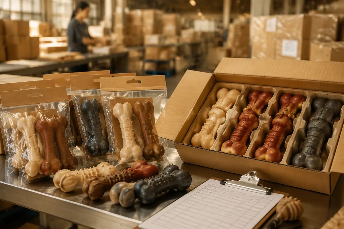 Jouets à mâcher pour chiens en caoutchouc dans des cartons export avec sachets poly, étiquettes volantes et checklist QC au conditionnement