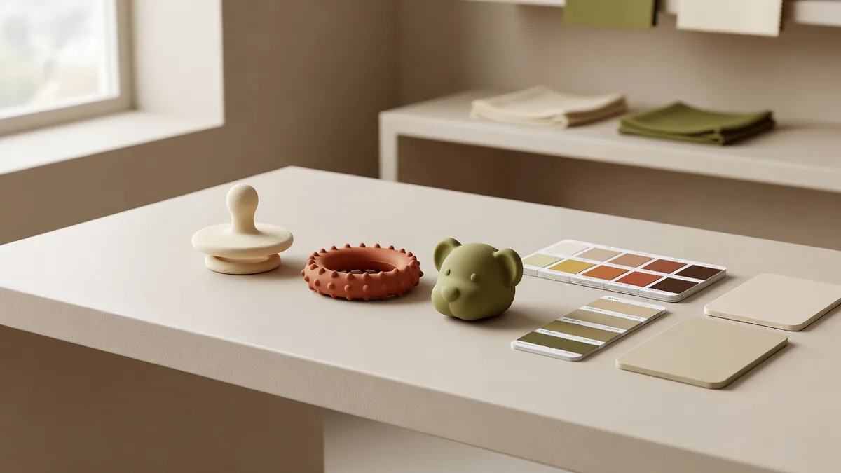 Jouets de dentition pour chiens en silicone de qualité alimentaire et échantillons de dureté Shore sur un bureau d’échantillonnage B2B crème chaud